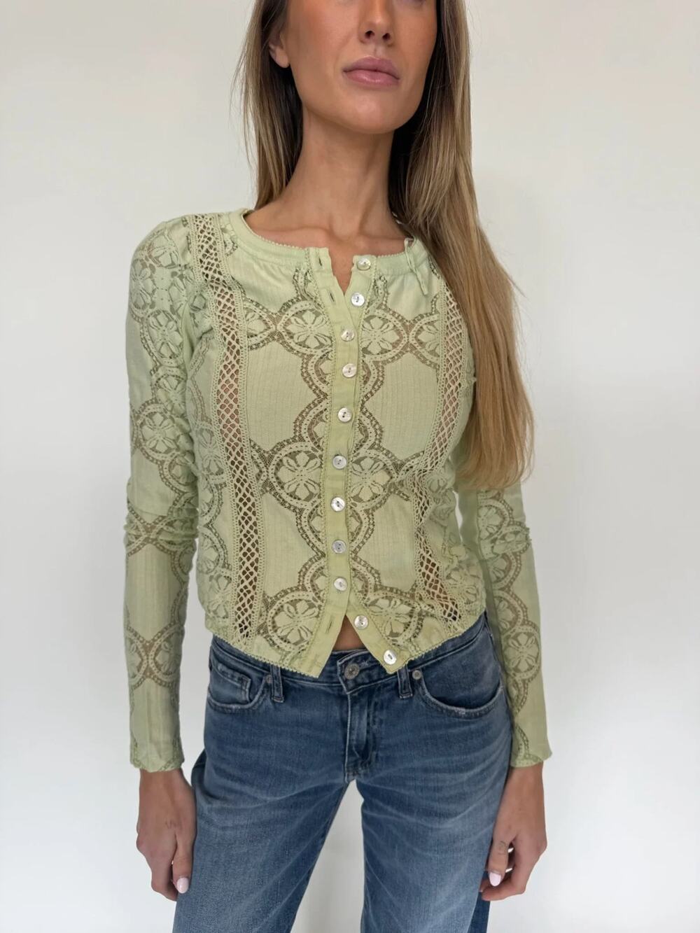 NWT Free people Women's fresh green Jae Sheer Lace Knit long sleeve top